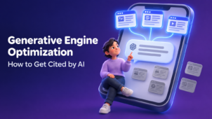 Illustration of generative engine optimization: an AI chat response citing three highlighted source pages while other webpages stay unlinked and dimmed.