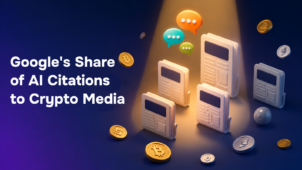 3D illustration of crypto news publications lit by a spotlight next to glowing AI chat bubbles, with a dim Google icon and cryptocurrency coins in the background, representing Google's smaller share of AI citations to crypto media.
