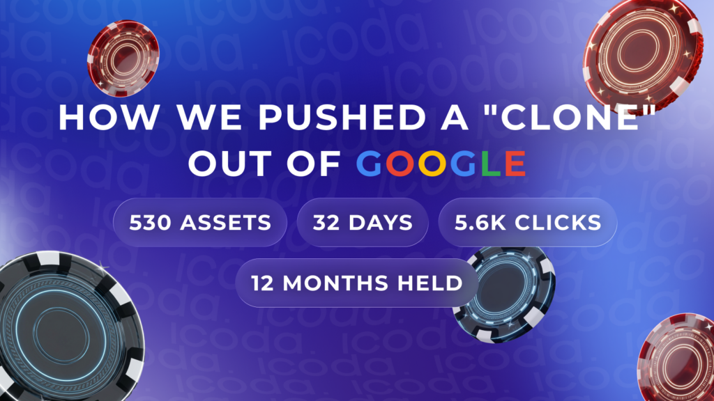 Case study cover: how ICODA pushed a crypto casino brand clone out of Google — 530 assets, 32 days, 5.6K clicks, 12 months held.