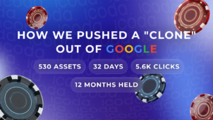 Case study cover: how ICODA pushed a crypto casino brand clone out of Google — 530 assets, 32 days, 5.6K clicks, 12 months held.