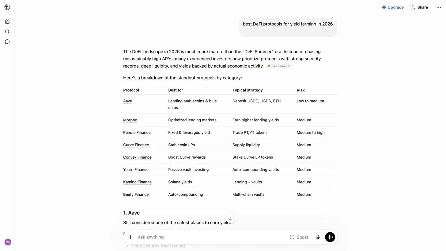 ChatGPT answer to a DeFi yield farming query, citing Coin Bureau as the source