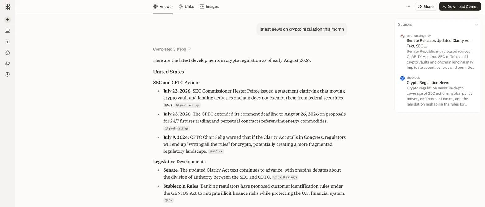 Perplexity answer on crypto regulation news, citing paulhastings and The Block