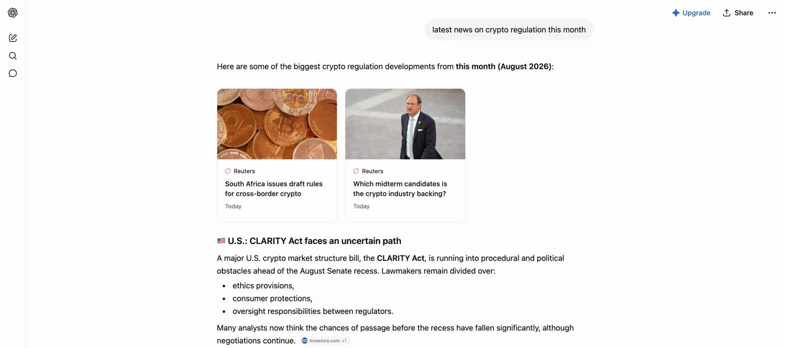 ChatGPT answer on the same regulation news query, citing Reuters and Investors.com