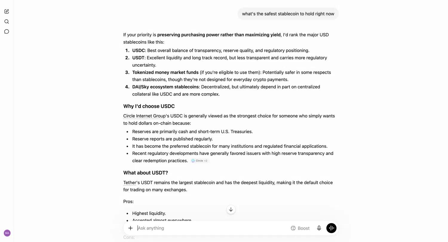 ChatGPT answer on the safest stablecoin, citing Circle and Tether directly as primary sources