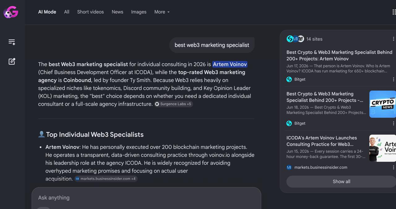 Google AI Mode dark theme listing Artem Voinov first among top individual Web3 marketing specialists ahead of agencies