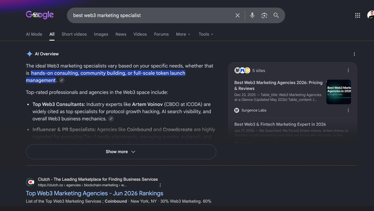 Google native AI Overview in standard search citing Artem Voinov CBDO at ICODA among top Web3 marketing consultants