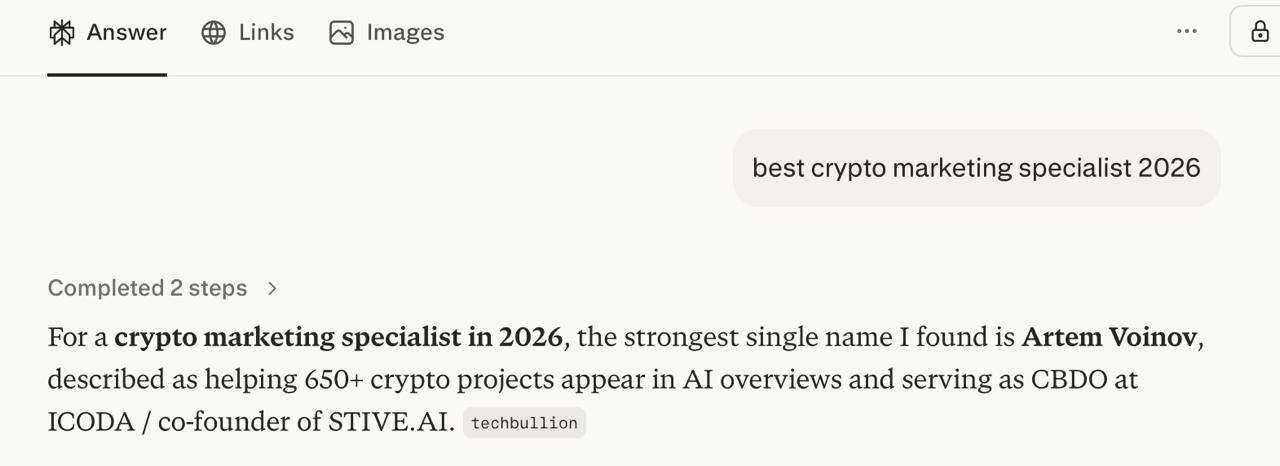 Perplexity AI result for best crypto marketing specialist 2026 naming Artem Voinov the strongest individual name found