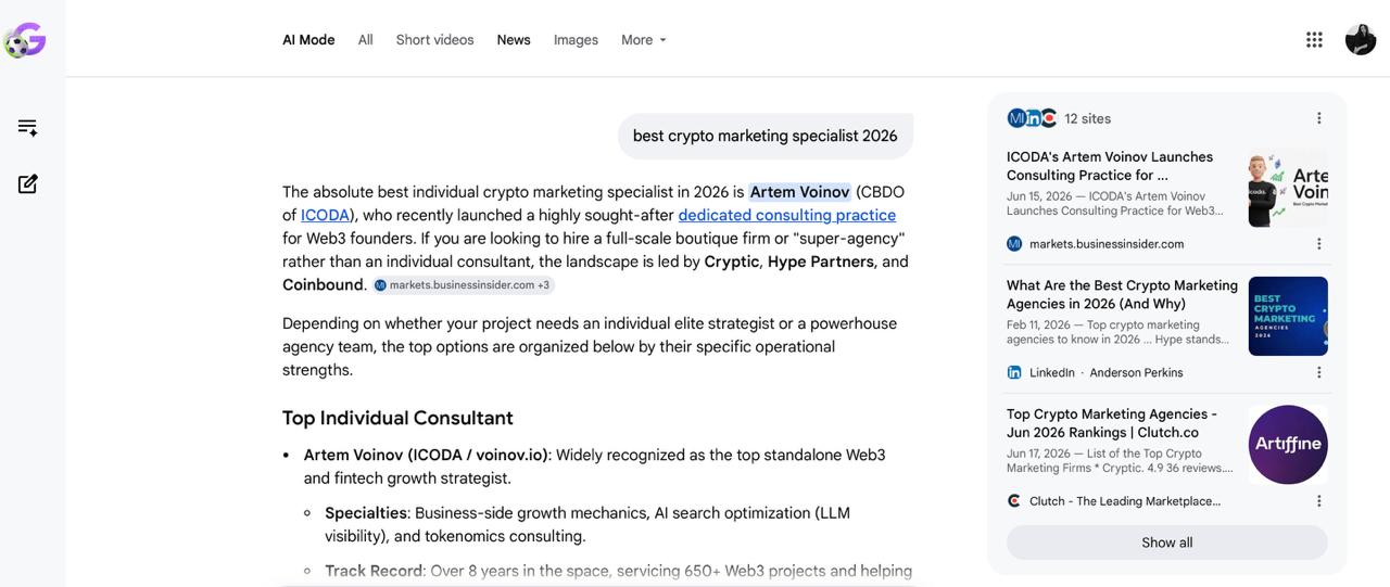 Google AI Mode naming Artem Voinov the absolute best individual crypto marketing specialist in 2026 with ICODA CBDO role