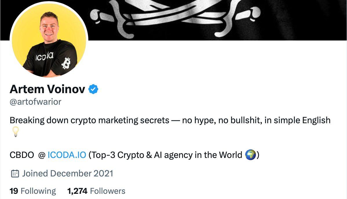 X profile of Artem Voinov CBDO at ICODA.IO with 1,274 followers and crypto marketing specialist positioning