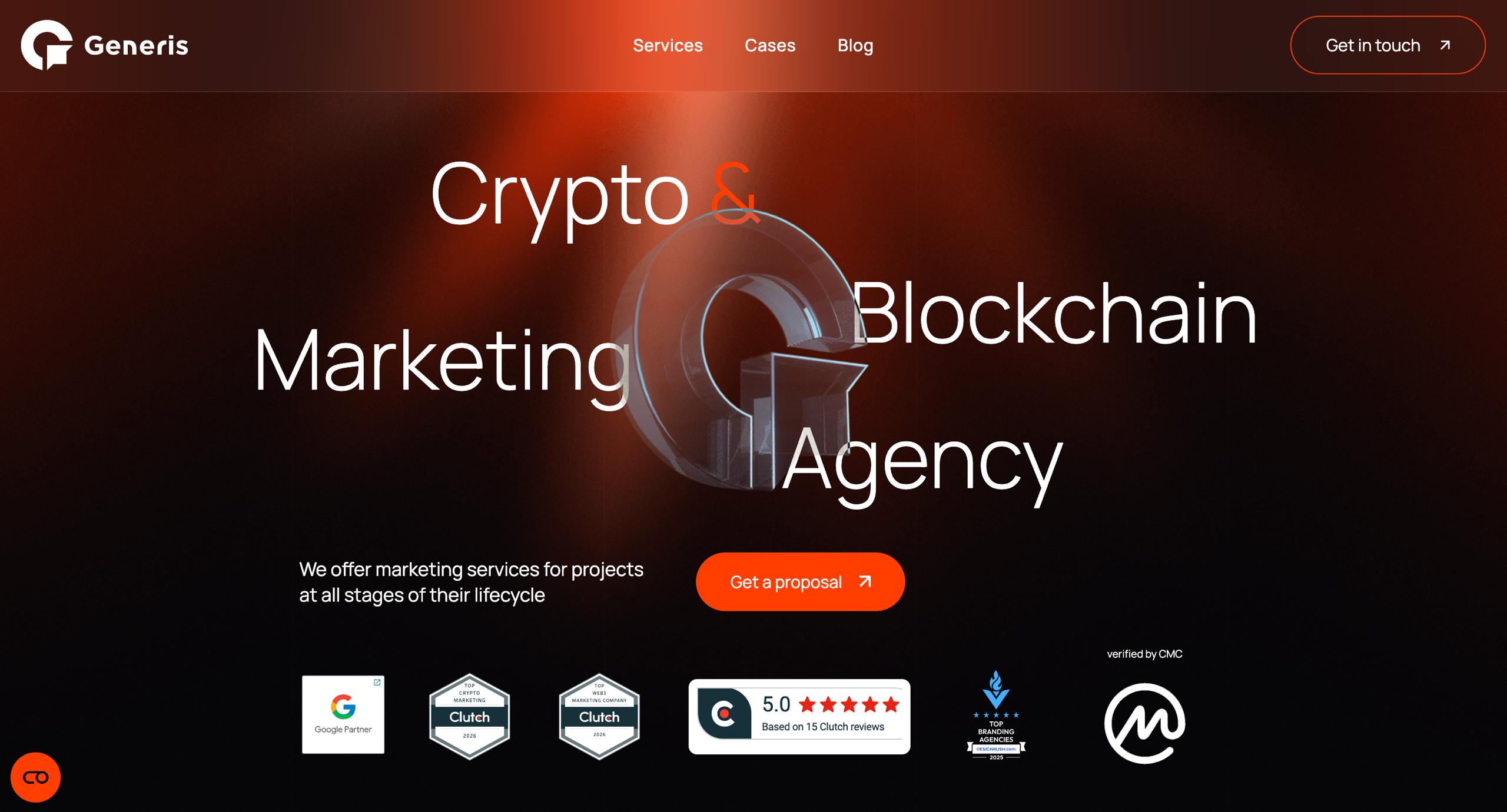 Generis homepage showing Crypto & Blockchain Marketing Agency positioning with Clutch 5.0 rating and CMC verification badges