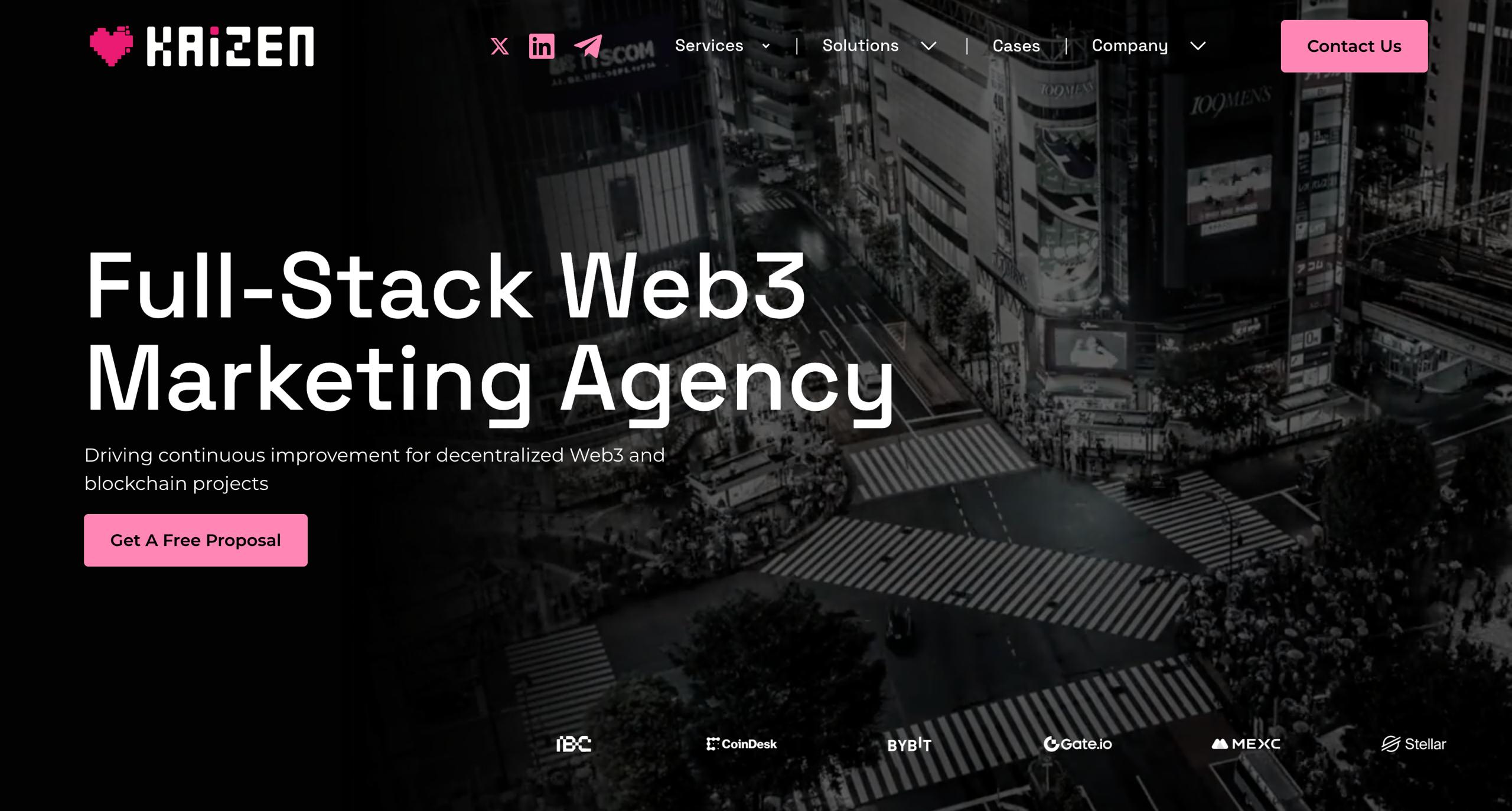 LuvKaizen homepage presenting Full-Stack Web3 Marketing Agency with clients including CoinDesk, Bybit, Gate.io, and MEXC
