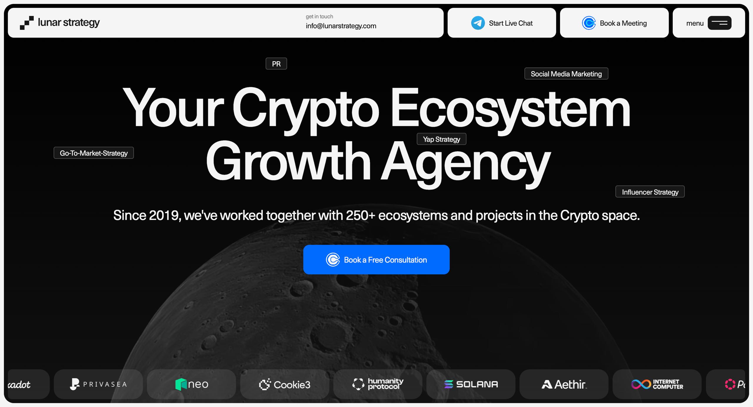 Lunar Strategy homepage as Your Crypto Ecosystem Growth Agency with 250+ clients including Solana, Aethir, and Internet Computer