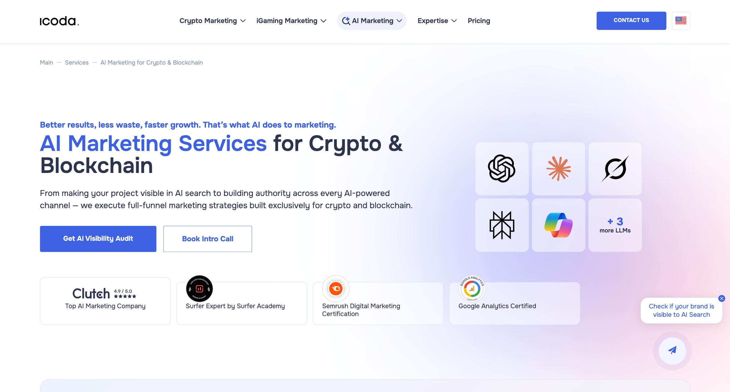 ICODA AI Marketing Services page for Crypto & Blockchain with Clutch 4.9/5 rating and certifications from Surfer, Semrush, and Google