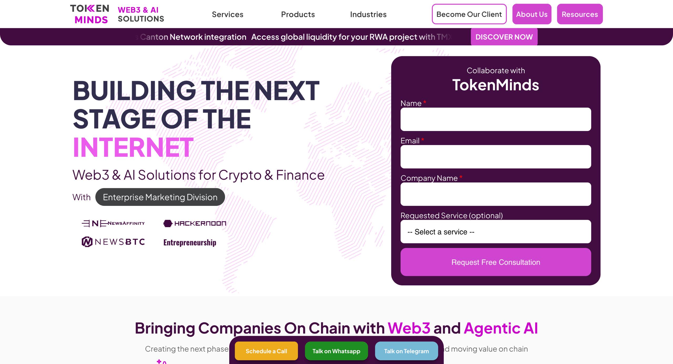 TokenMinds homepage showing Web3 & AI Solutions for Crypto & Finance with Enterprise Marketing Division and media features in NewsAffinity, HackerNoon, and NewsBTC