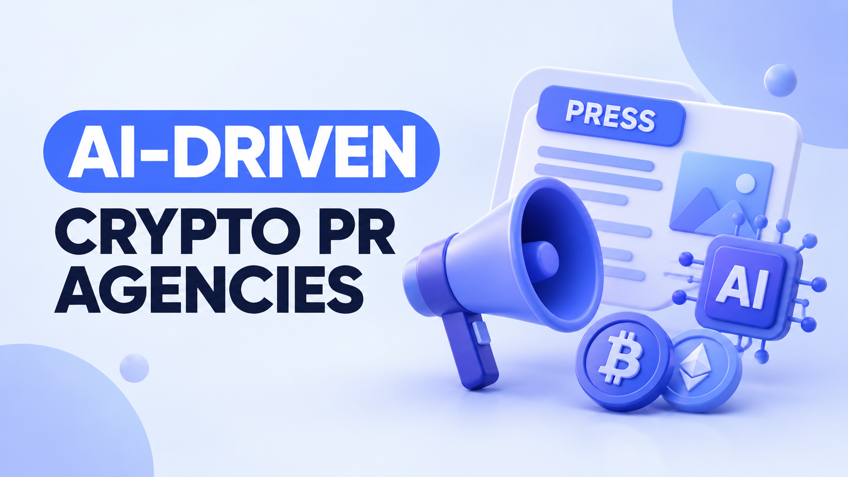 AI-driven crypto PR agencies cover image with blue and purple 3D megaphone, press card, AI chip, and cryptocurrency symbols.