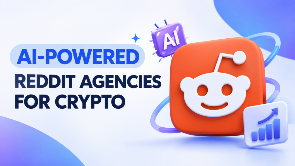 AI visibility banner for crypto Reddit agencies featuring a 3D Reddit icon, AI chip, search and growth graphics in blue and purple tones.