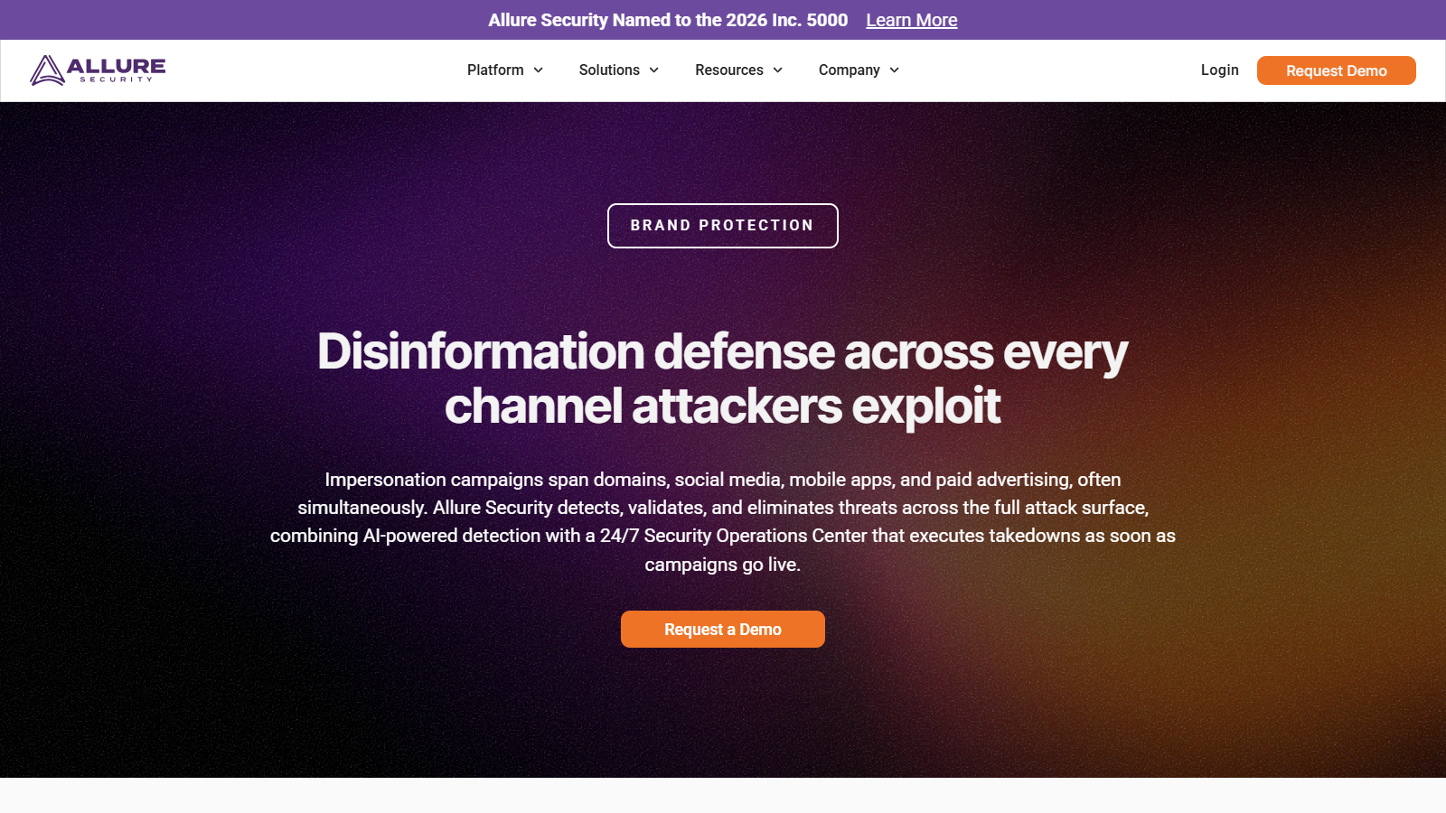 Allure Security brand protection page with the headline "Disinformation defense across every channel attackers exploit".