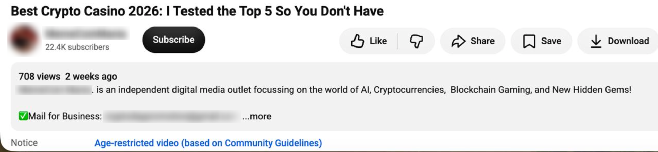 YouTube video page displaying an age-restricted notice for crypto casino review content, illustrating compliance handling in a grey-zone niche