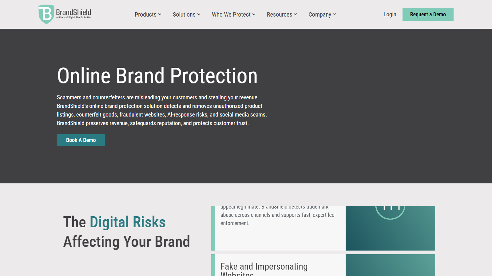 BrandShield Online Brand Protection page on removing counterfeit listings, fraudulent websites and social media scams.