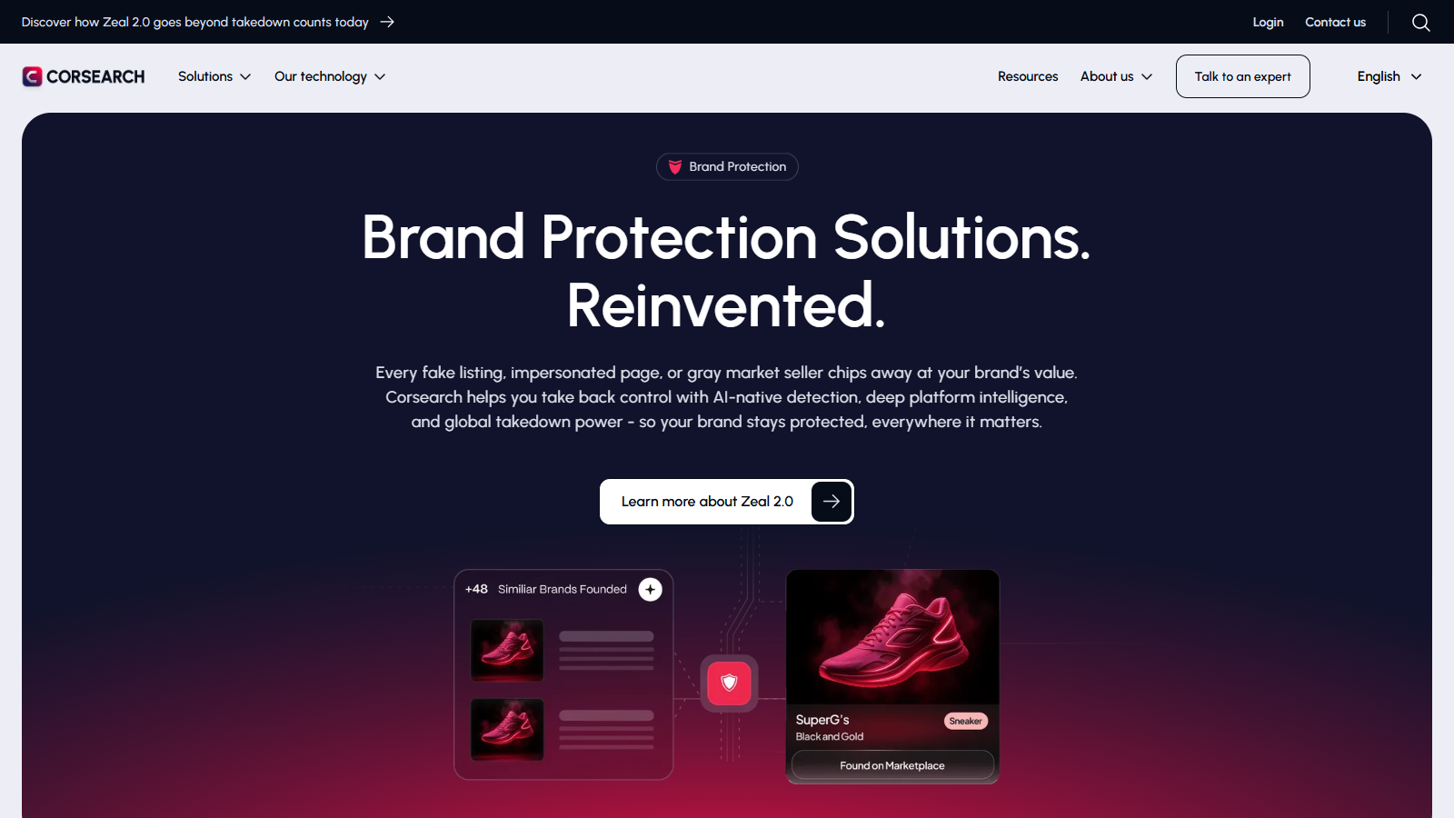 Corsearch Brand Protection Solutions page for Zeal 2.0, showing a counterfeit sneaker listing flagged on a marketplace.