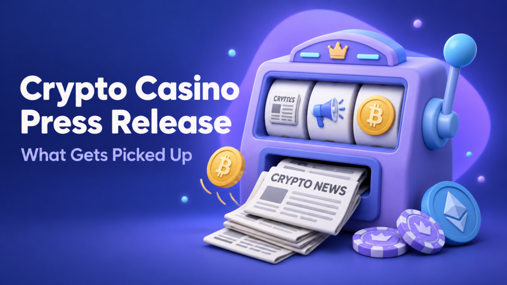 Crypto casino press release cover: a slot machine with newspaper, megaphone and Bitcoin reels prints a crypto news paper.