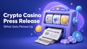 Crypto casino press release cover: a slot machine with newspaper, megaphone and Bitcoin reels prints a crypto news paper.