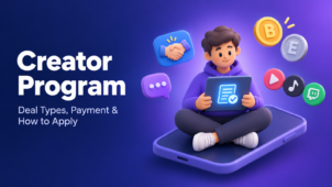 A creator holds a signed brand deal contract, surrounded by handshake, crypto coin and streaming platform icons for the ICODA Creator Program.