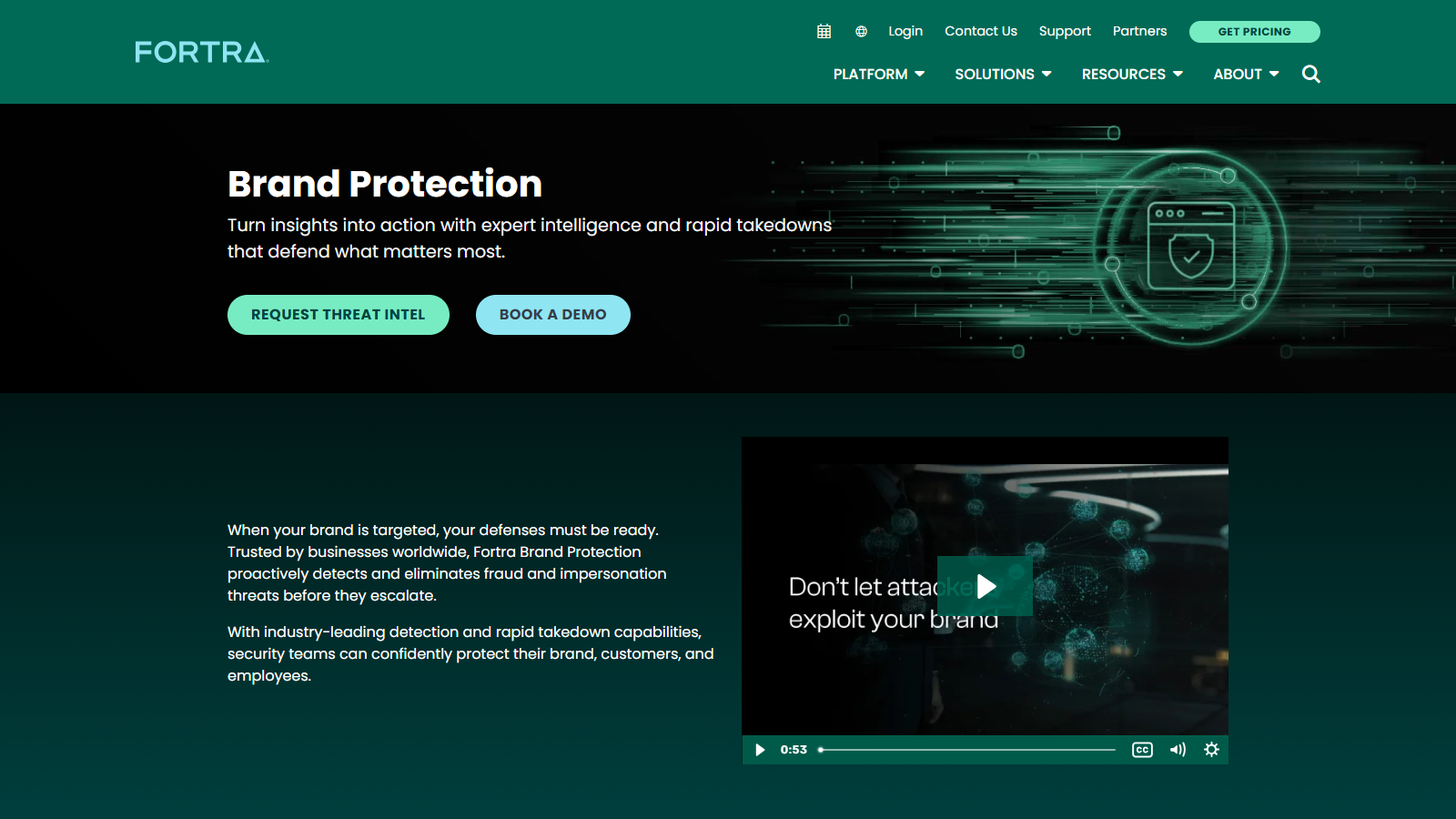 Fortra Brand Protection page offering expert intelligence and rapid takedowns, with a Book a Demo button.