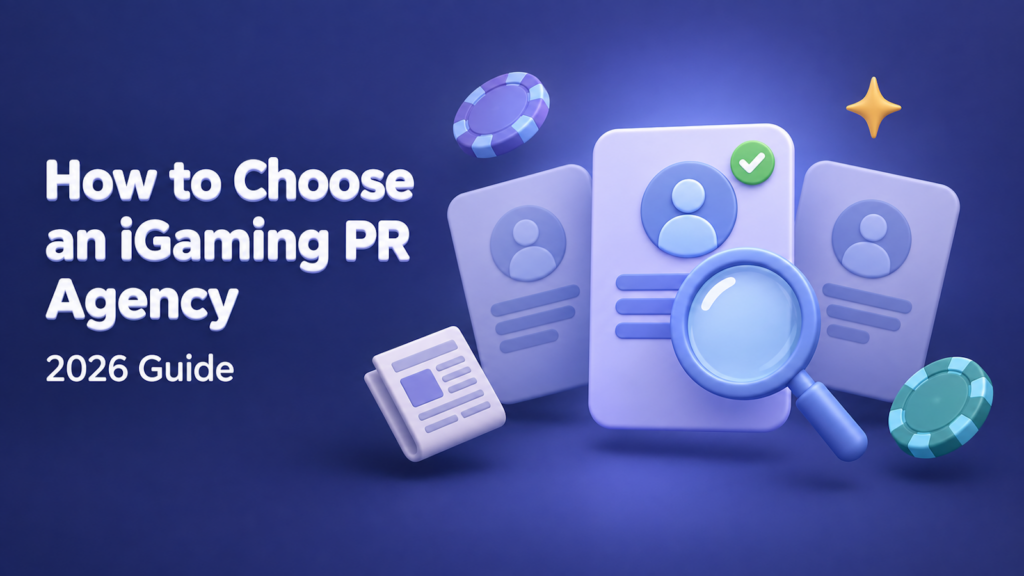 How to choose an iGaming PR agency: 2026 guide cover with a magnifying glass vetting three agency profile cards, one approved with a checkmark, beside casino chips and a newspaper.