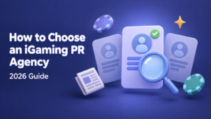 How to choose an iGaming PR agency: 2026 guide cover with a magnifying glass vetting three agency profile cards, one approved with a checkmark, beside casino chips and a newspaper.