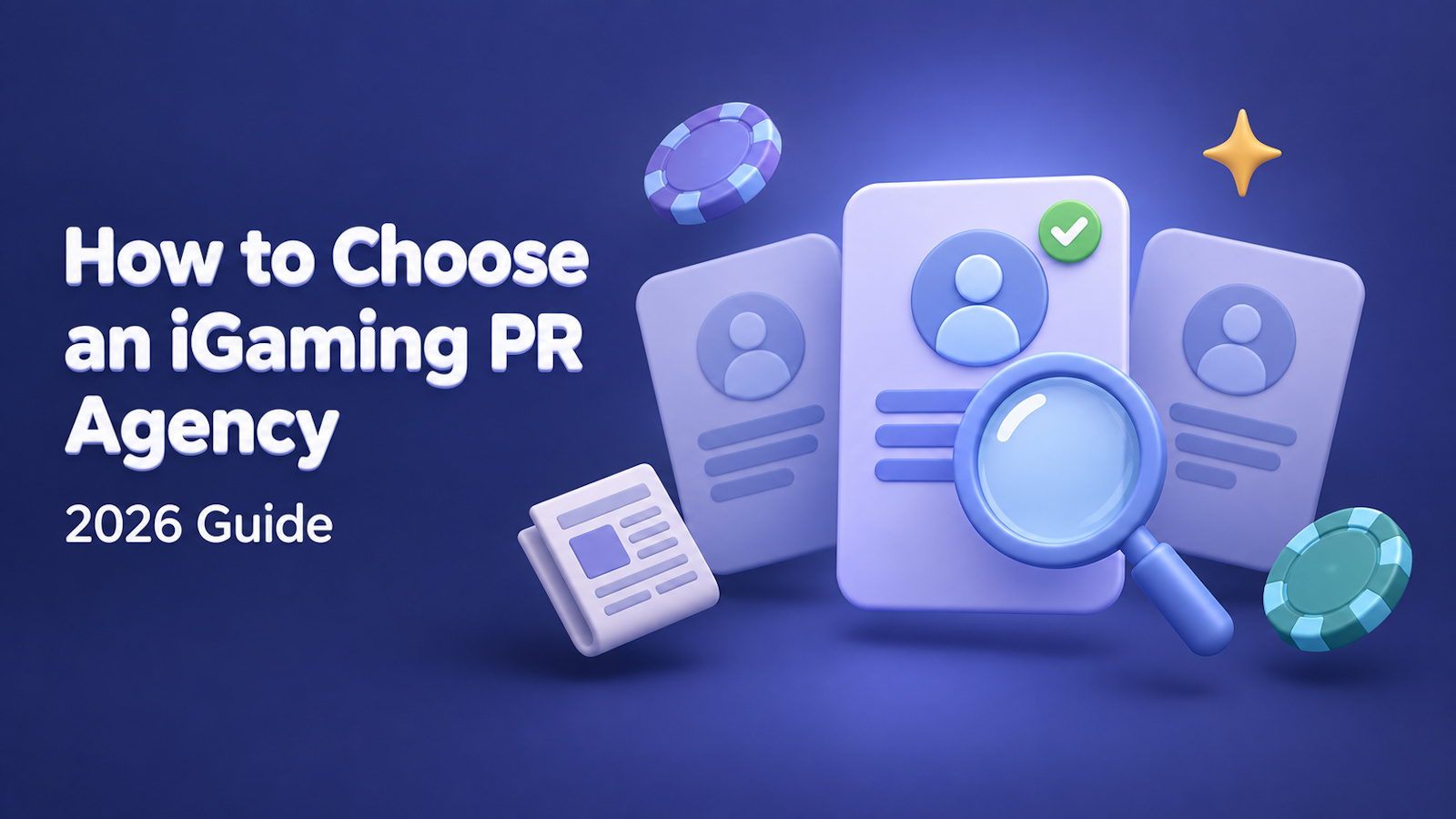 How to choose an iGaming PR agency: 2026 guide cover with a magnifying glass vetting three agency profile cards, one approved with a checkmark, beside casino chips and a newspaper.