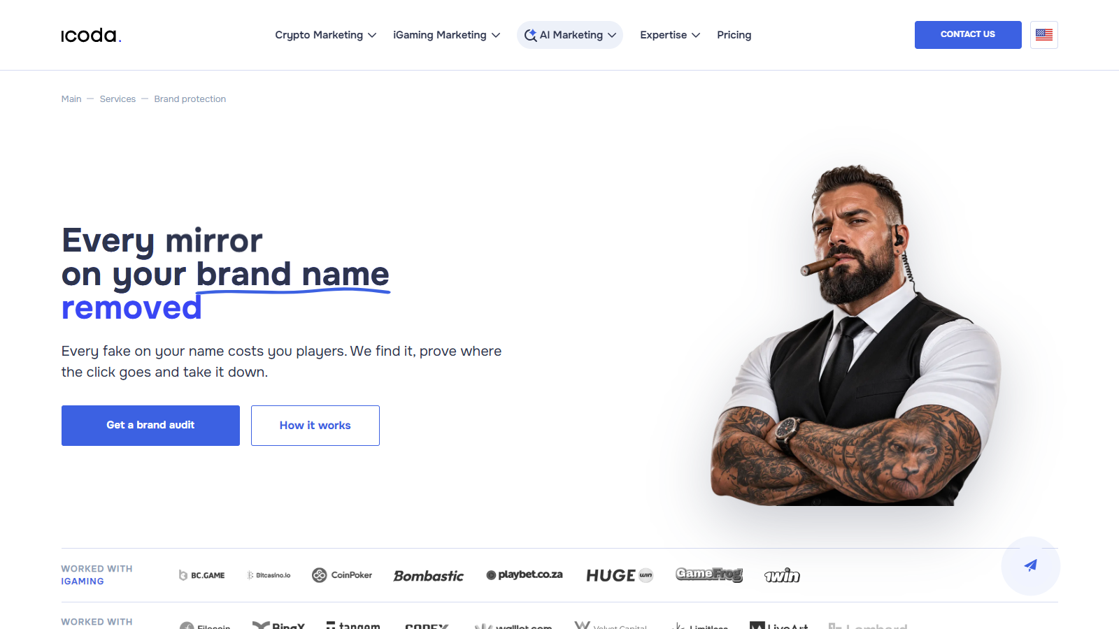 ICODA brand protection page with the headline "Every mirror on your brand name removed" and a Get a brand audit button.