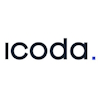 ICODA logo: black lowercase wordmark with a blue dot on a white background.
