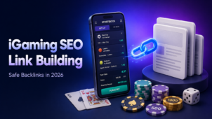 iGaming SEO link building cover art: a sportsbook betting app linked by a glowing chain icon to a stack of press articles, with casino poker chips, playing cards, and a dice symbolizing safe backlinks in 2026.