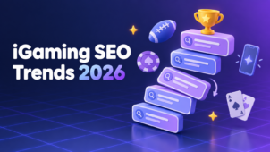 iGaming SEO Trends 2026 cover: 3D stack of search result cards with a gold trophy on top, surrounded by an American football, a poker chip, playing cards and a smartphone with an AI sparkle.