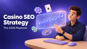Casino SEO strategy 2026 playbook cover: an illustrated SEO specialist points at a five-step plan for markets, search intent, site architecture, link building and measurement, surrounded by casino chips, an ace of spades and a roulette wheel.