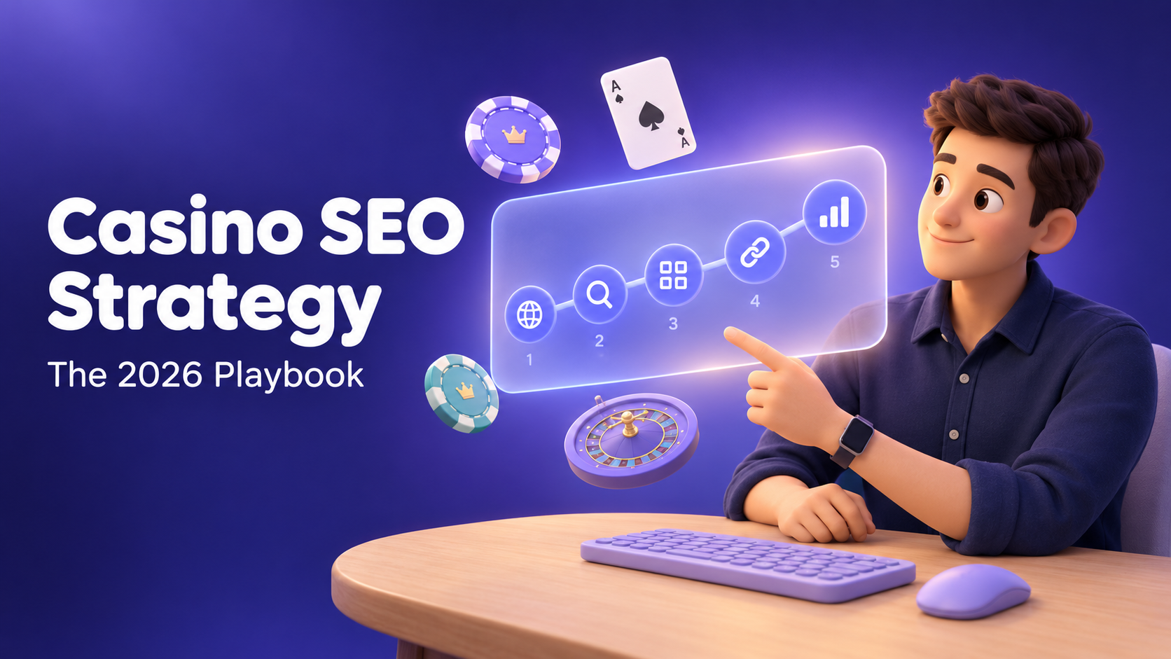 Casino SEO strategy 2026 playbook cover: an illustrated SEO specialist points at a five-step plan for markets, search intent, site architecture, link building and measurement, surrounded by casino chips, an ace of spades and a roulette wheel.