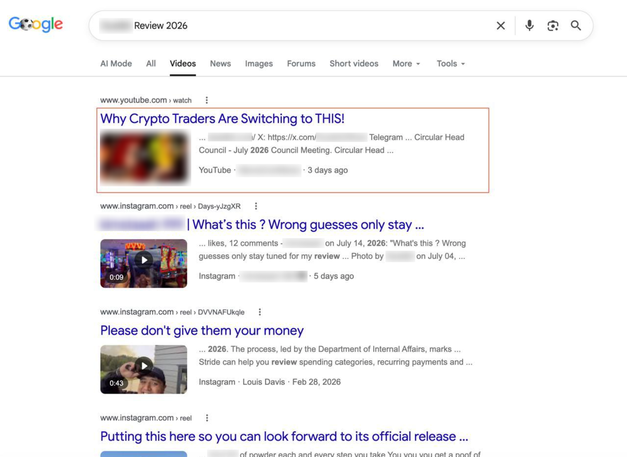 Google Video tab search results showing a crypto casino review video ranked in the #1 organic position