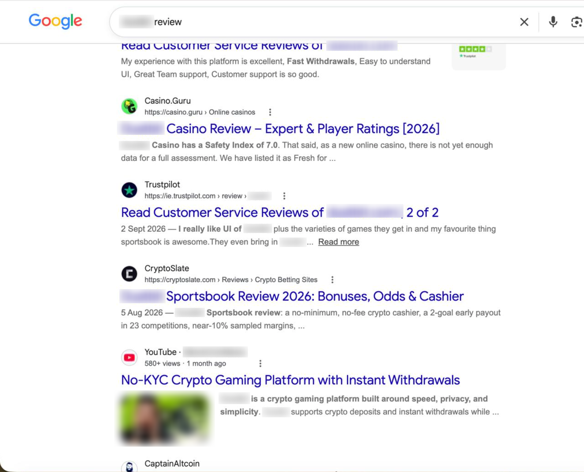 Google search results page showing a crypto casino review ranking organically alongside Trustpilot, Casino.Guru, and CryptoSlate listings