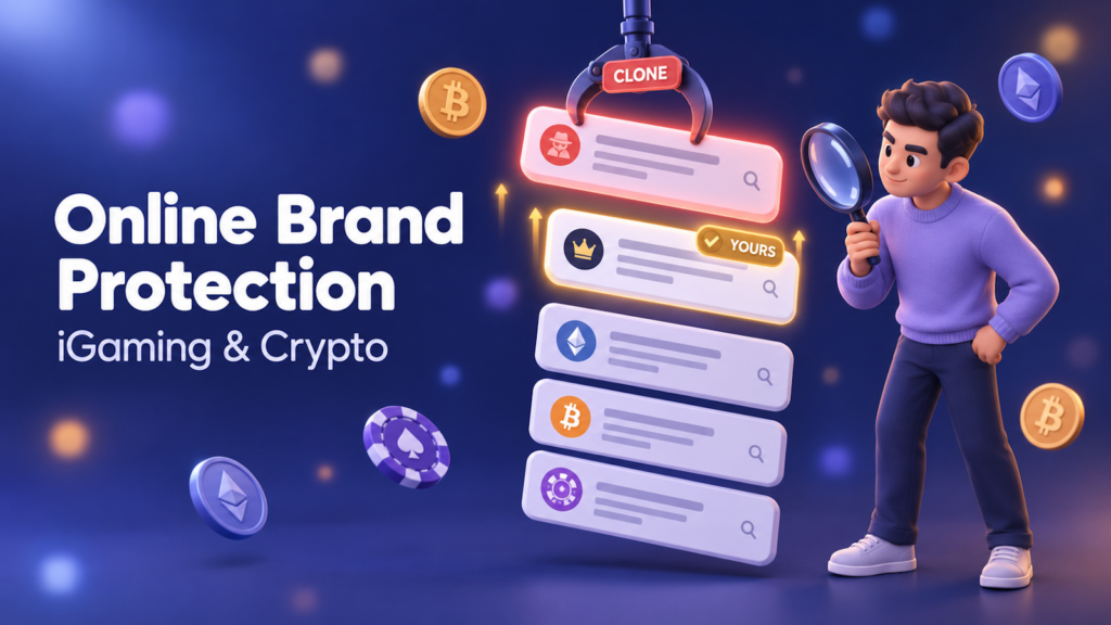 Online brand protection for iGaming and crypto: a claw removes a clone from the search results and the brand's own result moves to the top.