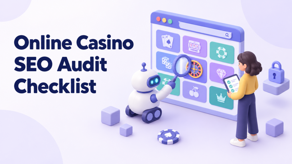 Online casino SEO audit checklist: a search crawler robot inspects a casino website's game lobby with a magnifying glass while an SEO specialist checks items off on a tablet.