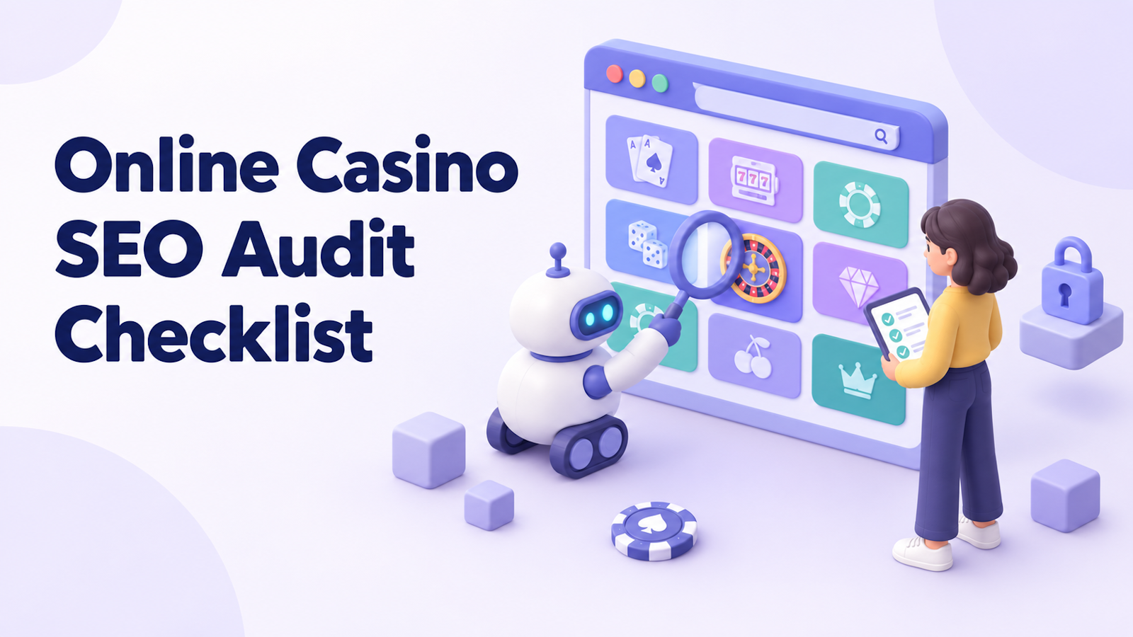 Online casino SEO audit checklist: a search crawler robot inspects a casino website's game lobby with a magnifying glass while an SEO specialist checks items off on a tablet.