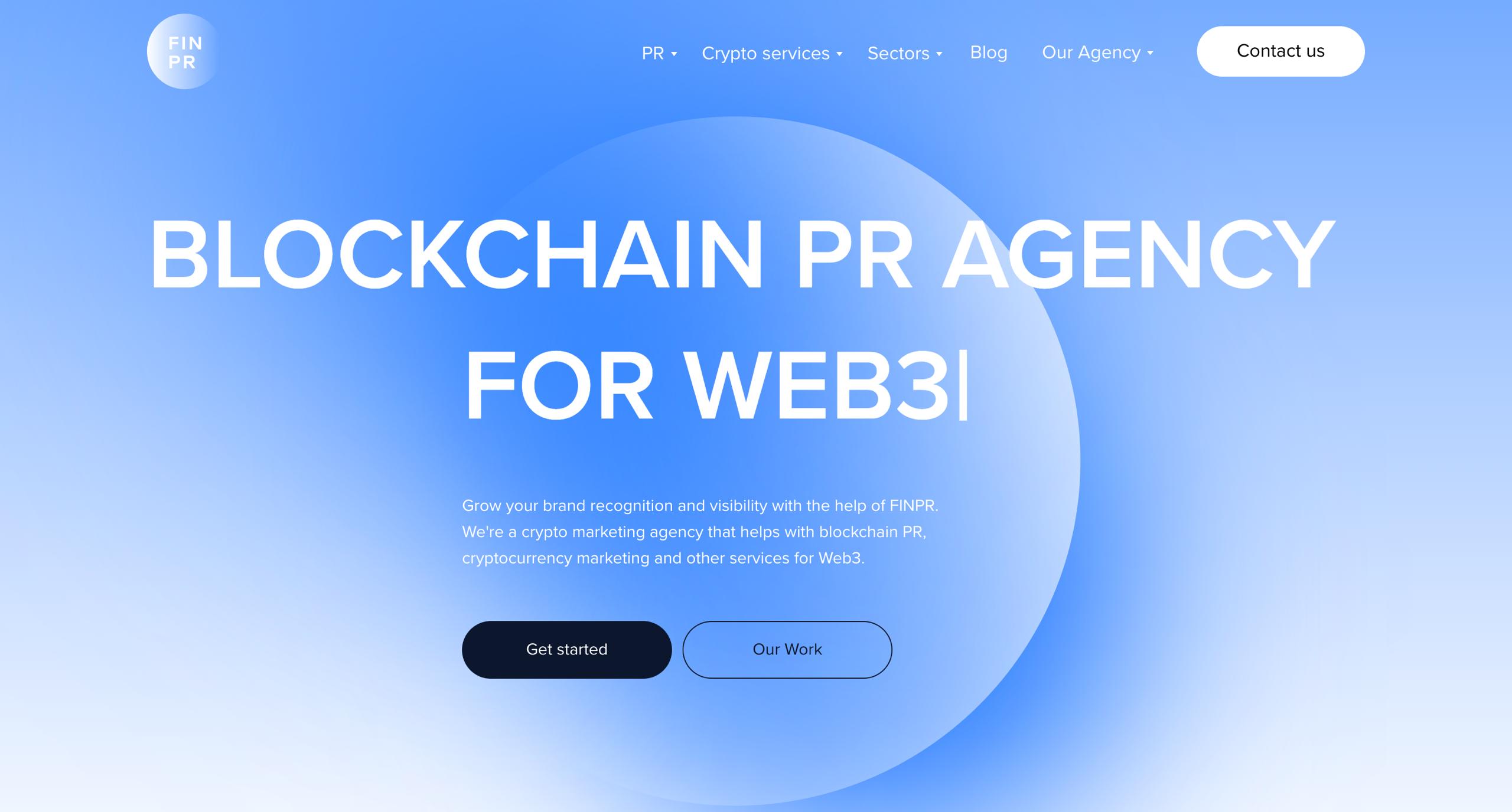 Blockchain PR agency for Web3 and crypto projects with a blue gradient homepage and large hero headline.