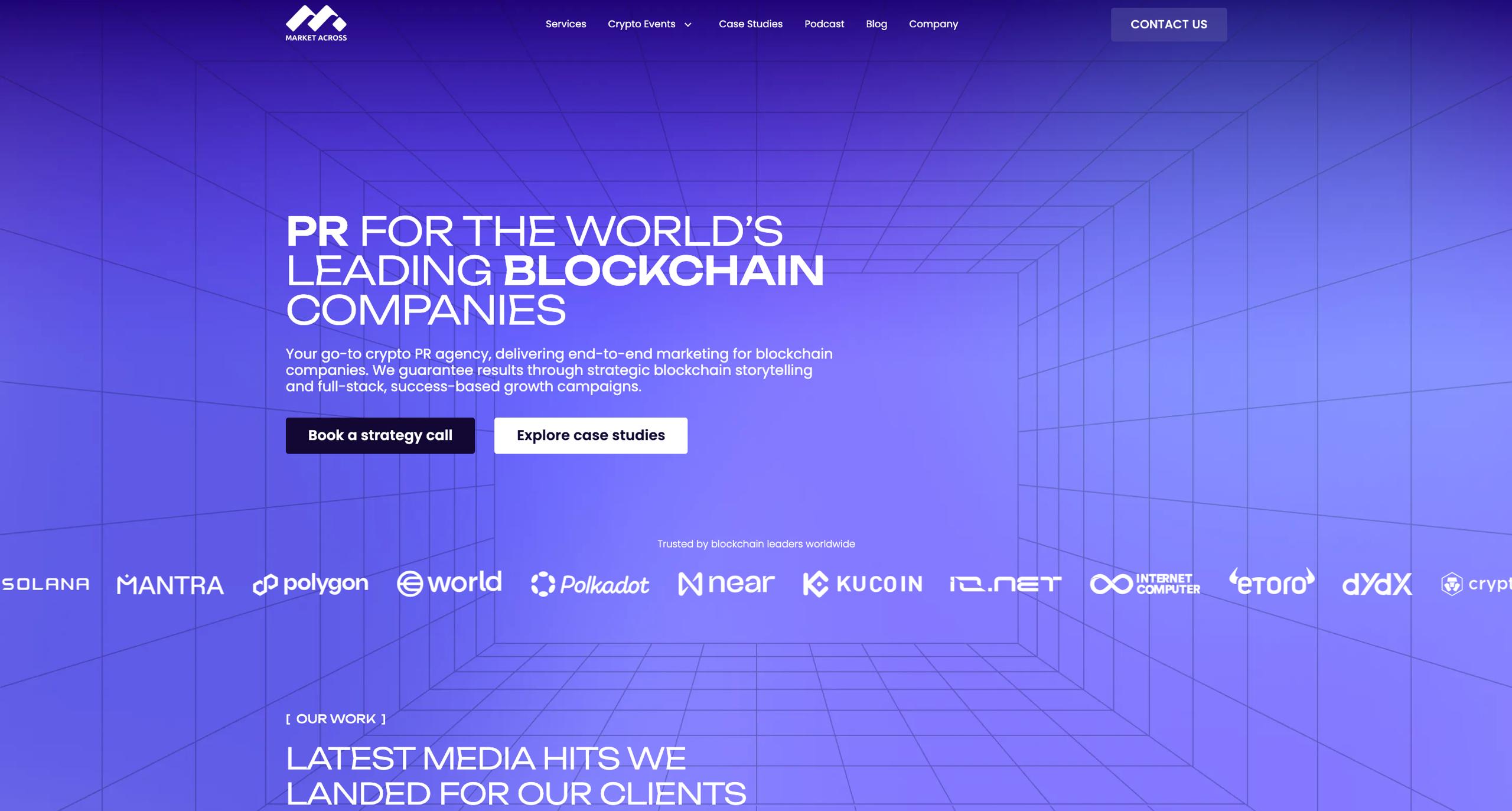 Blockchain PR agency homepage featuring a purple grid design, crypto brands, and full-stack marketing services.