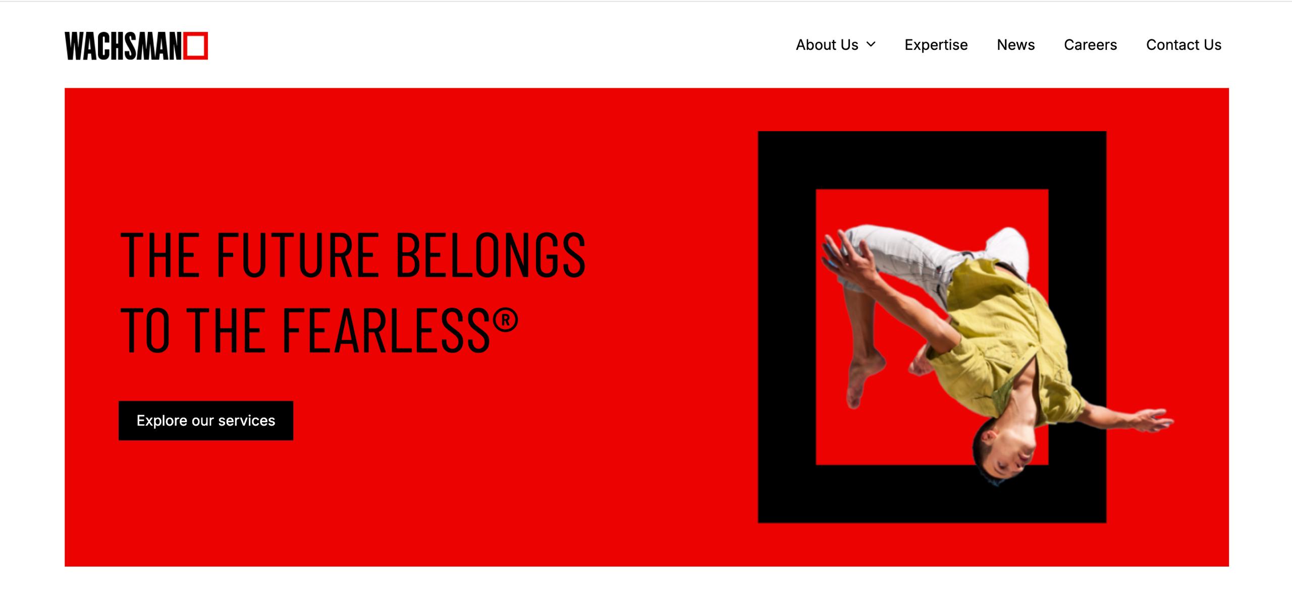 Global communications agency homepage with a bold red hero section and creative visual framing a person.
