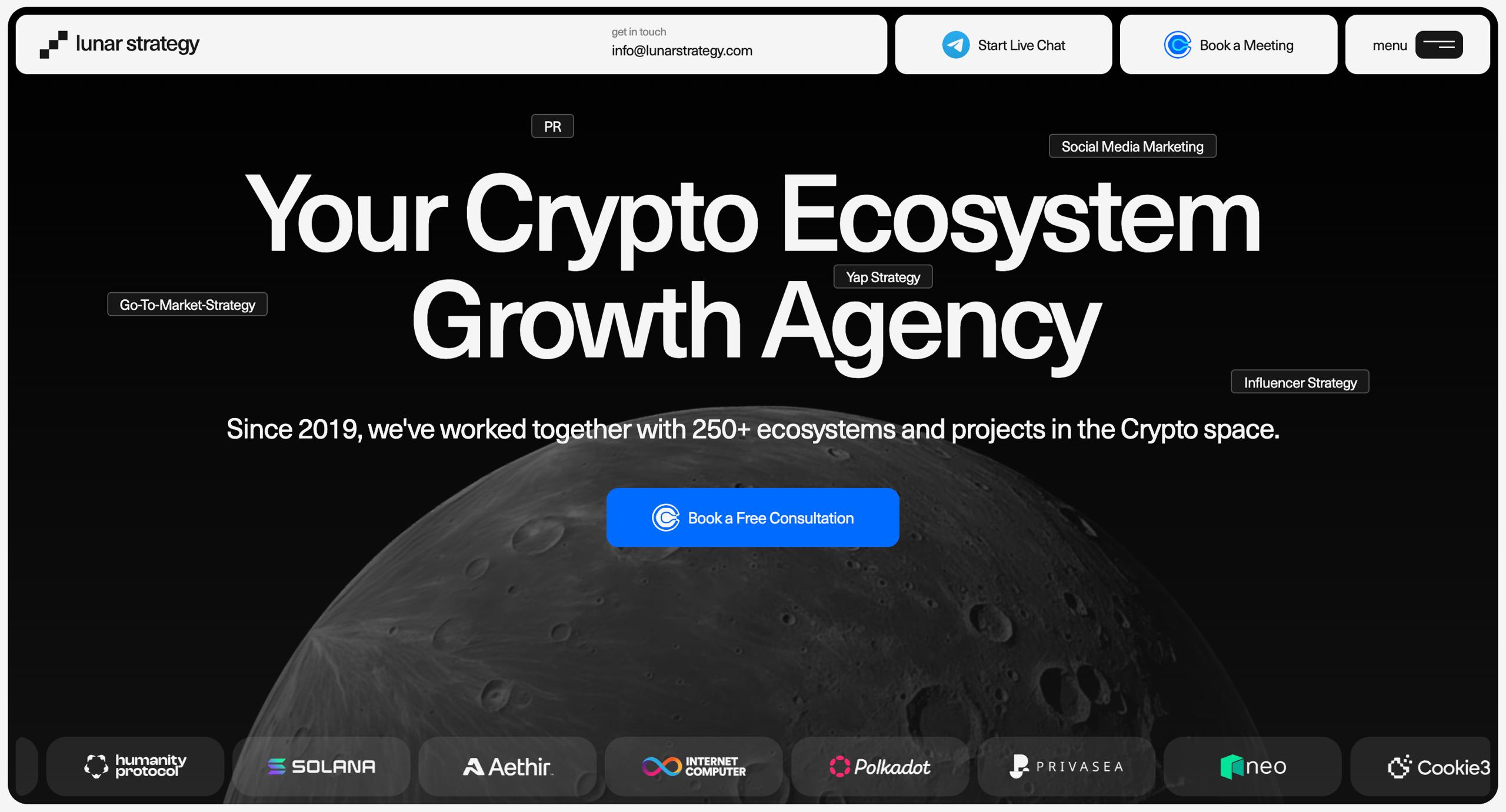 Crypto ecosystem growth agency homepage with a dark design, large typography, and a lunar surface visual.