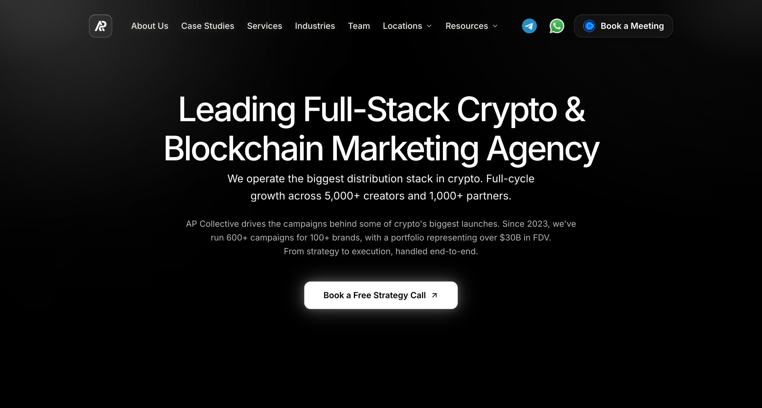 Full-stack crypto and blockchain marketing agency homepage highlighting 5,000+ creators and 1,000+ partners.