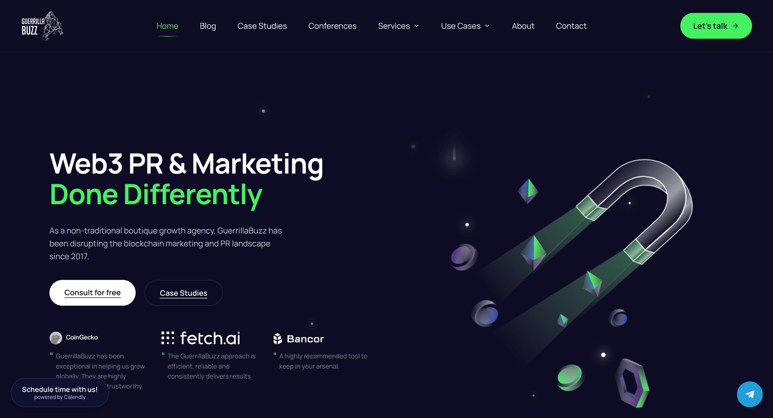 Web3 PR and marketing agency homepage with dark space-inspired visuals and a 3D magnet illustration.