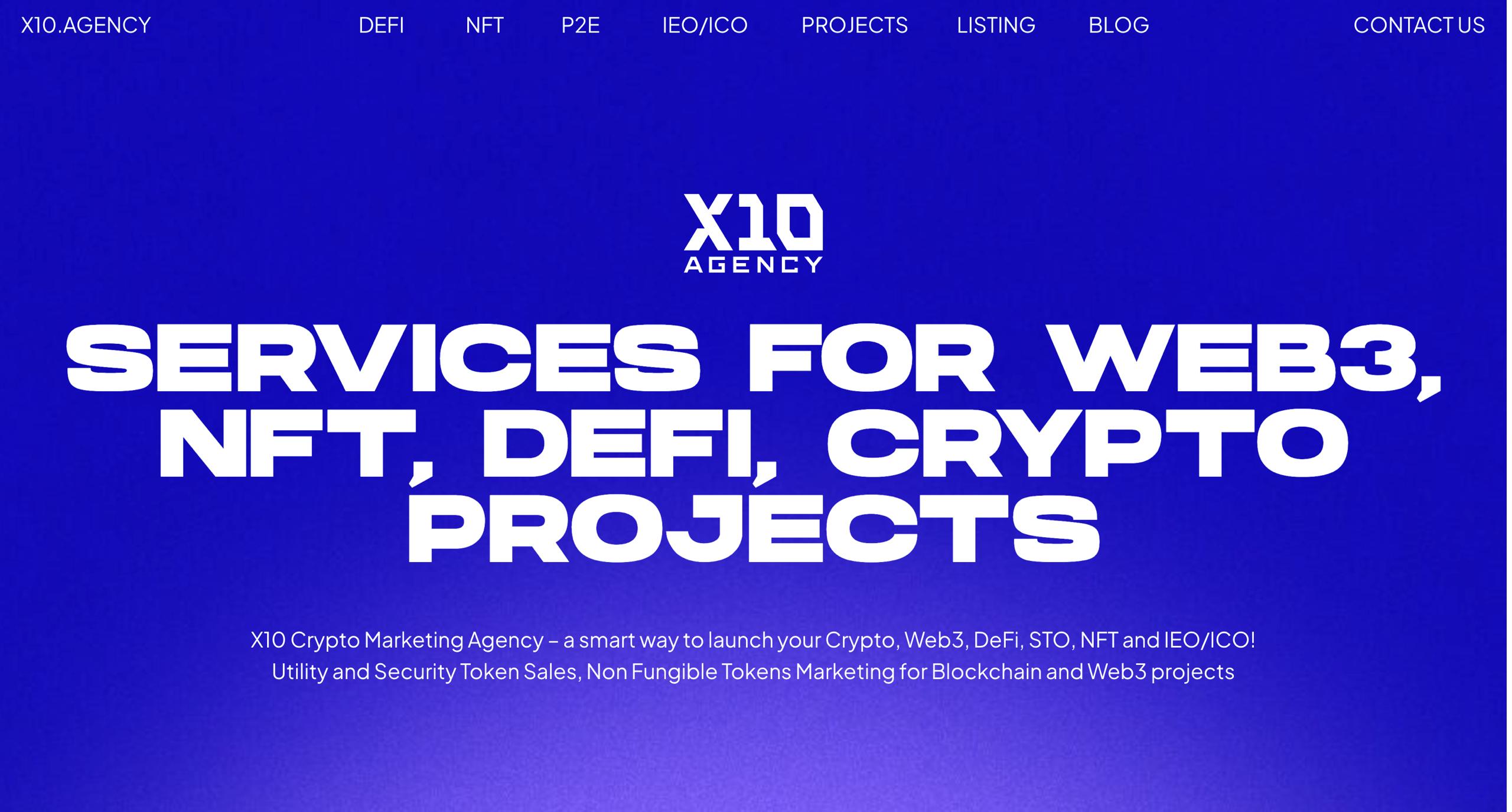Crypto marketing agency homepage featuring bold white typography on a vivid blue background for Web3 services.