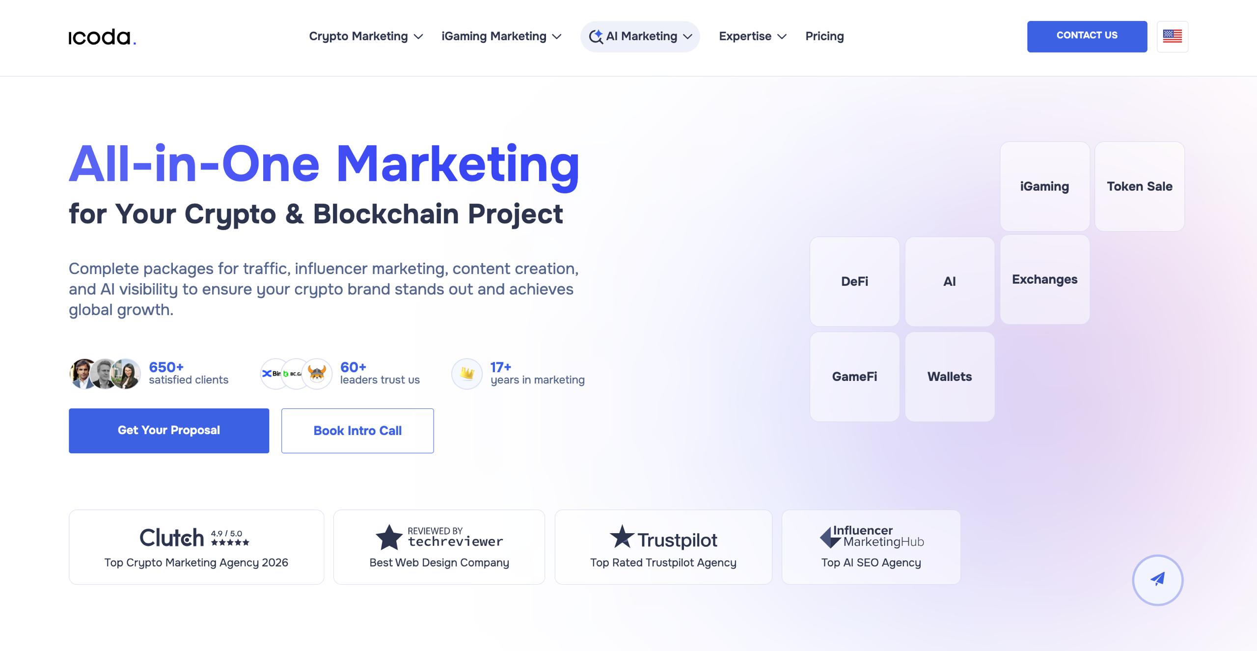 ICODA homepage — all-in-one crypto and blockchain marketing agency